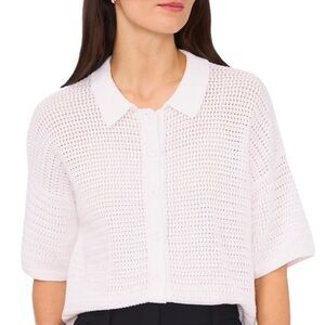 Polo Crochet Open Stitch Button Up Top Cardigan Cotton Preppy Nautical Coastal